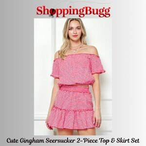Cute Gingham Seersucker 2-Piece Top & Skirt Set In Baby Pink (SB1367)